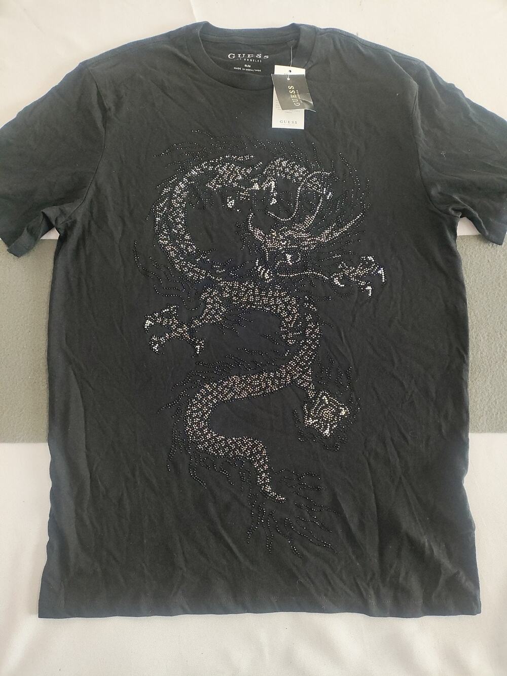 GUESS Los Angeles Black Silver Rhinestone Dragon T Shirt Men’s M Street Wear